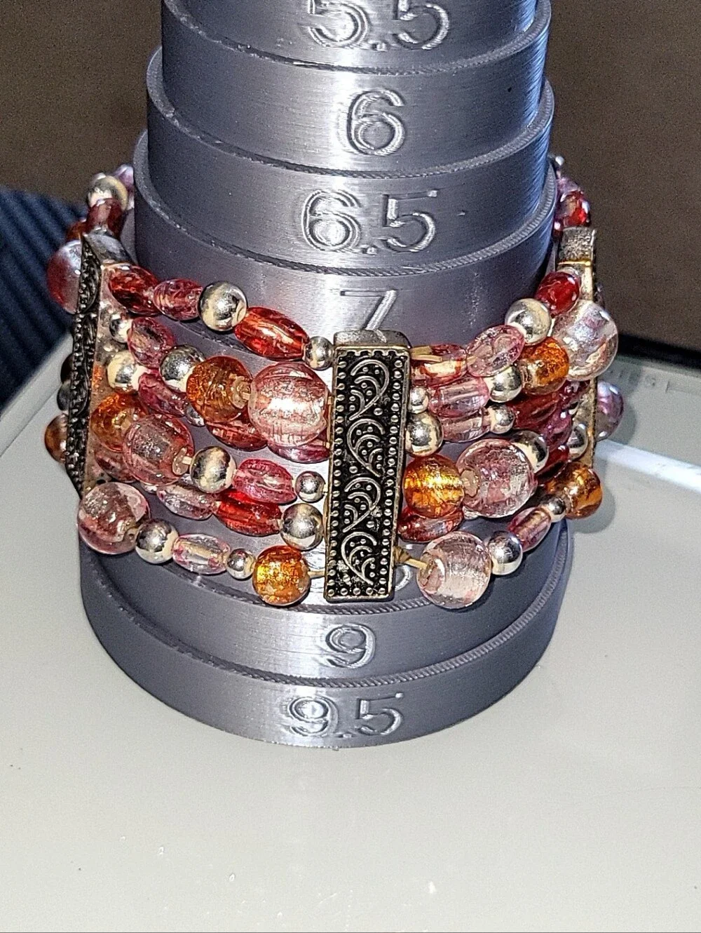 Pink Amber Multi Strand Beaded Stretch Cuff Bracelet Boho Statement